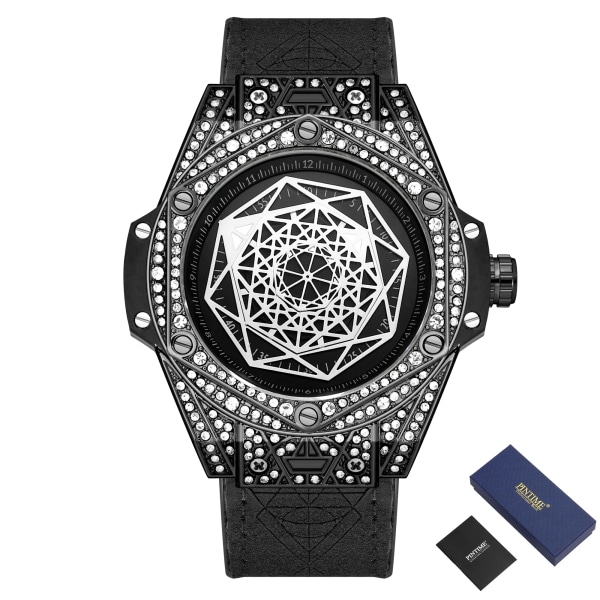 PINTIME Ny watch för män Fashion Big Dial Unika klockor Luxury Diamond Ice Out Vattentät Relogio Masculino 2023 Black Box