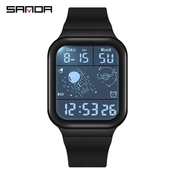 Mode SANDA Watch 50 M vattentät storskärm fyrkantig dam unsex multifunktionskronograf LED-skärm Reloj de hombre Black
