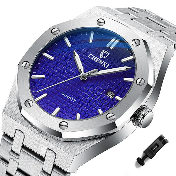 Big Dial Casual Herrklockor Lyxigt rostfritt stål watch för män Toppmärke Vattentät Quartz Minimalism Klocka Silver Blue