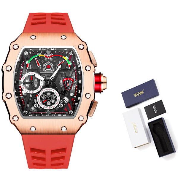 PINTIME Kampanj Rea Män Mode Sport Watch Kronograf Funktion Stoppur Röd gummirem Auto Date Man Lyx Armbandsur 7 with box