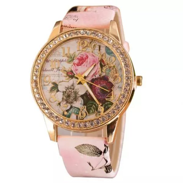 HET FÖRSÄLJNING!!! Kvinnor Rhinestone Inlagd Blomma Rund Urtavla Faux Läder Band Kvarts Watch Mode Kvarts Watch Kvinnor Pink