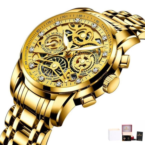 Svänghjul Roterande fönster Herrklockor Lyx Mode Lysande Date Herr Watch Vattentät Manklocka Relogio Reloj Hombre Gold with Box