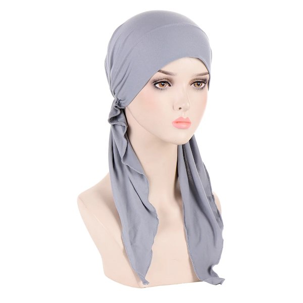 Kvinnors NewInner Hijab Turban Förbandshatt Solid Lång Svans Huvudduk Wrap Beanies Bonnet Huvudduk Stretch Huvudbonad Hatt Light Gray