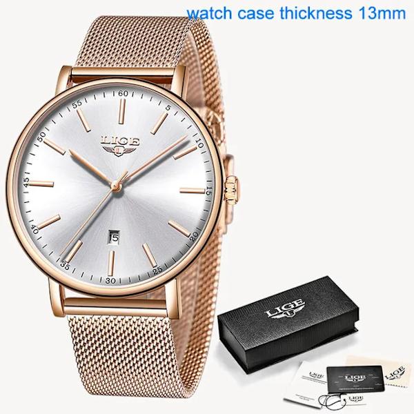 LIGE Watch Armband Quartz Clock Movement Enkel Vattentät Rose Gold Rostfritt stål Mesh Damklockor Relogio Feminino Rose Gold White(.239)