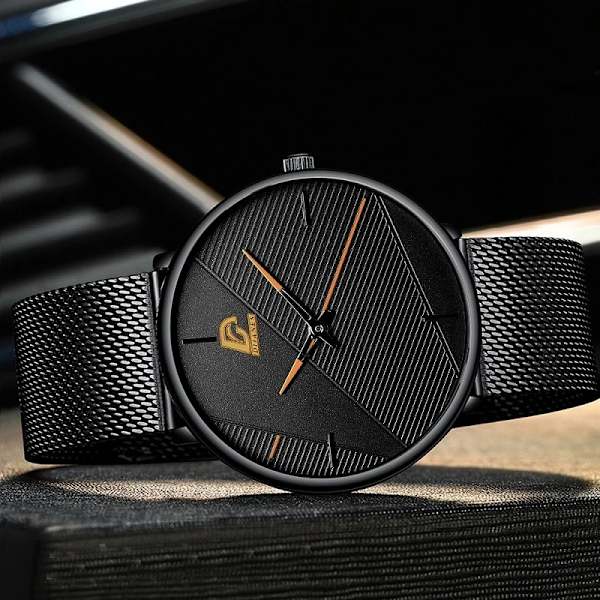 Märke Herrklockor Herr Enkelt Ultratunt mesh i rostfritt stål Bälte Quartz Clock Man Business Läder Armbandsur reloj hombre Mesh Black Red