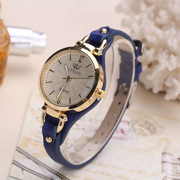 Kvinnor Casual Klockor Rund Urtavla Nit PU Läderarmband Armbandsur Dam Analog Quartz Watch Present White
