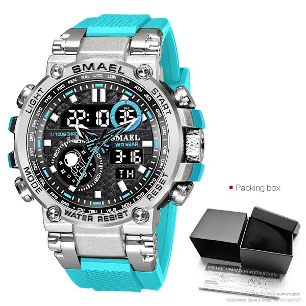 SMAEL Light Blue Sport Digital Watch för män Vattentät Dual Time Display Chronograph Quarz Armbandsur med Auto Date Week 1803B Light Blue-Box