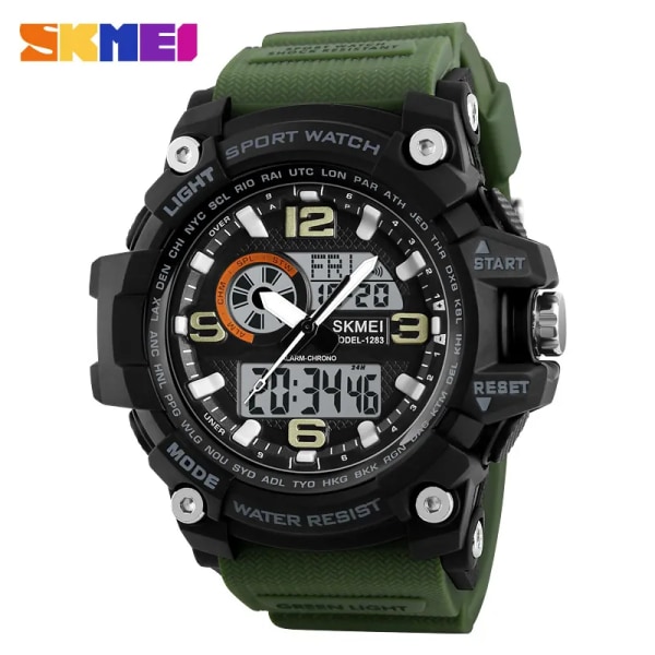 SKMEI Chronograph Sportklockor Herr Quartz Tregångs LED Digital Watch Militär Vattentät Armbandsur Klocka Reloj Hombre Green Black