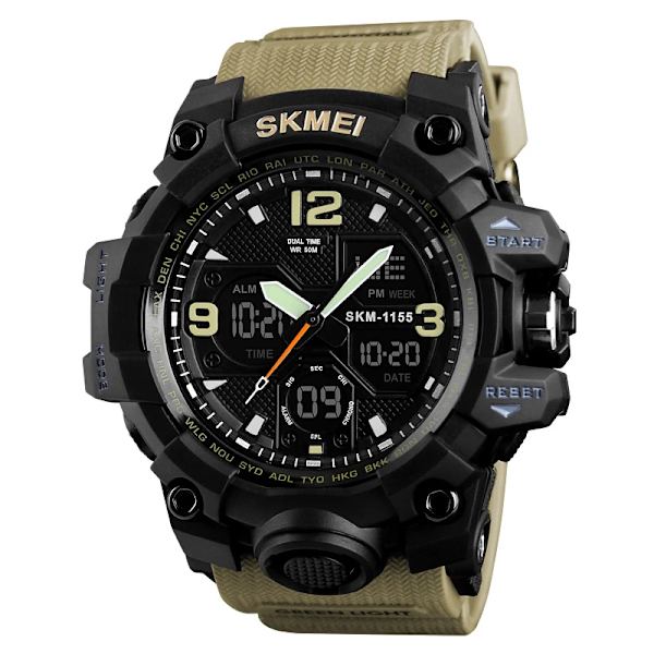 SKMEI 2 Time Herrklocka Man Elektroniska Sportklockor Stoppur Bakljus Alarm Vattentät Quartz Clock reloj hombre 1155B Black and coffee