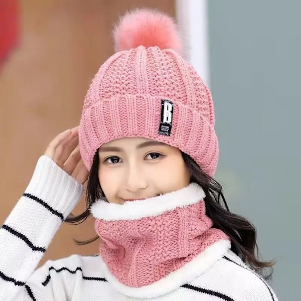 Dam Knittad Hatt Skidhatt Set Vindtät Vinter Utomhus Stickad Tjock Siamese Halsduk Krage Varm Håll Ansiktet Varmare Beanies Hatt Pink2