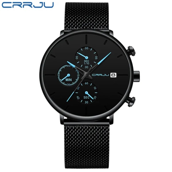 CRRJU Herrklockor Lyx Watch Unik design i rostfritt stål Auto Date Mesh Armband Män Mode Casual Quartz Klockor 2268--blue