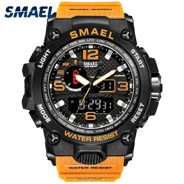 SMAEL Dual Display Digital LED Watch Pointer Typ Quartz Elektriska klockor Relogio Masculino Uomo Sportklocka 1545 ORANGE