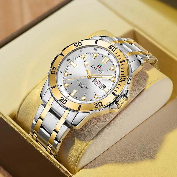 Mode Herrsportklockor Lyxiga rostfria watch Dubbelkalender Silver Guld Man Clock Relogio Masculino Blue Gold-Silver White