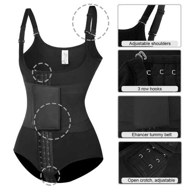 Dam Shapewear Bodysuit Waist trainer Body Shaper Magbälten Fajas Colombianas Öppna grenen Justerbara axelband Style 5103B M