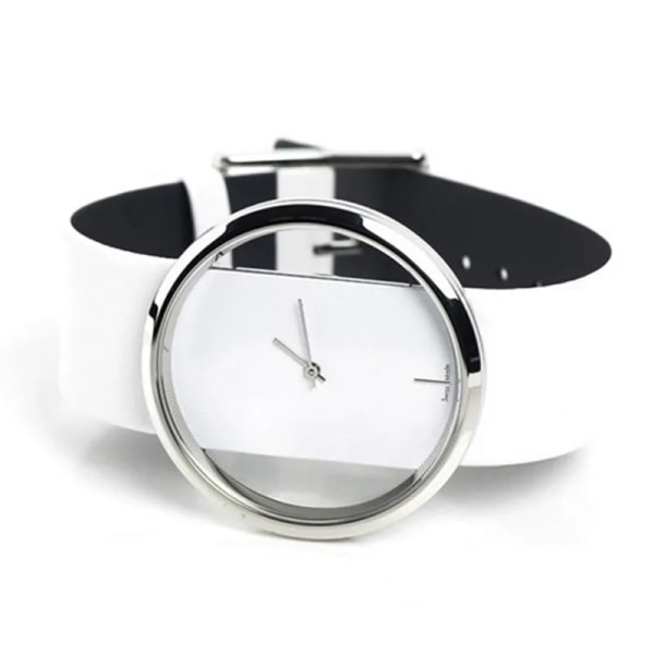 Klassiska Damklockor Mode Hollow Transparenta Klockor Läderarmband Quartz Armbandsur Billigt Pris Reloj Mujer white