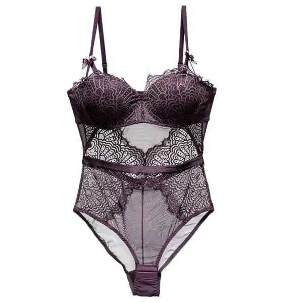 Sexig Body Kvinnor Underkläder Spets Push Up Balconette BH Rosett Dekoration Bygel Påfågel Fjäder Ihålig Baksida Vidorra Store Dark Purple Type 75
