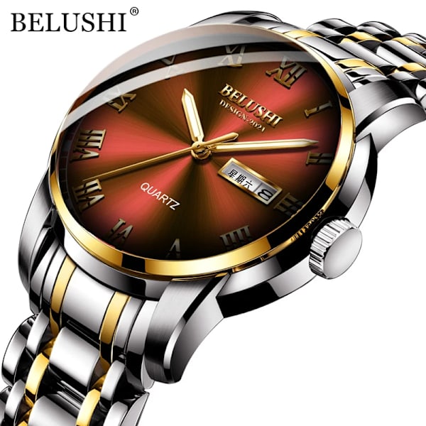 BELUSHI Herrmode Business Quartz Klockor Topp Lyx Märke Helt Stål Vattentät Analog Armbandsur Herr Kalenderklocka Silver Golden Red