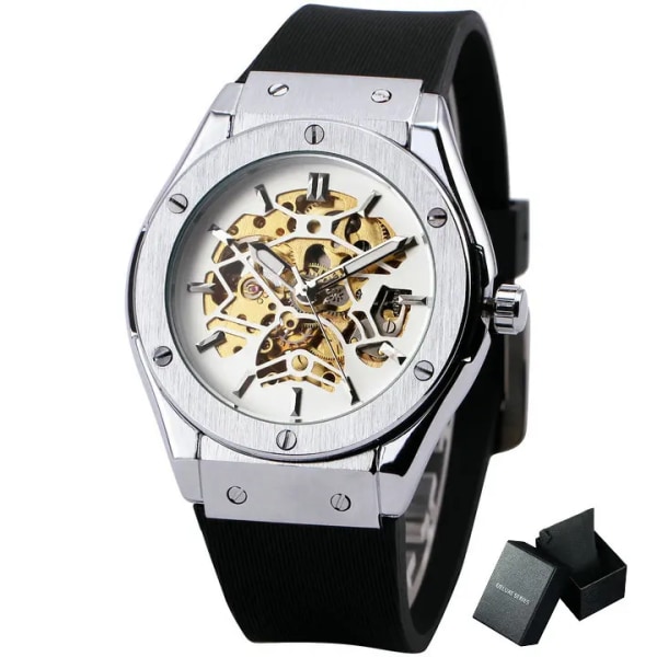 VINNARE Automatisk mekanisk watch för män Gummiband Skeletturtavla Manklocka Militärsportstil Armbandsur BOX SILVER WHITE