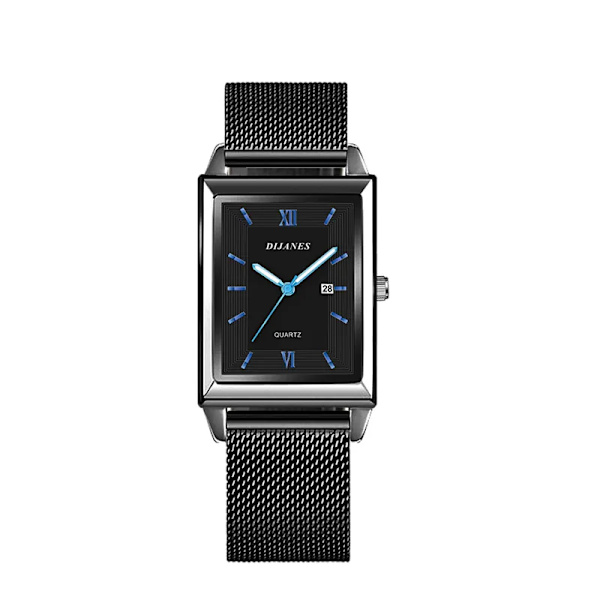 Mode Herr Affärsklockor Herr rektangel i rostfritt stål Mesh -bälte Quartz Watch Man Casual Watch Mesh Black Blue