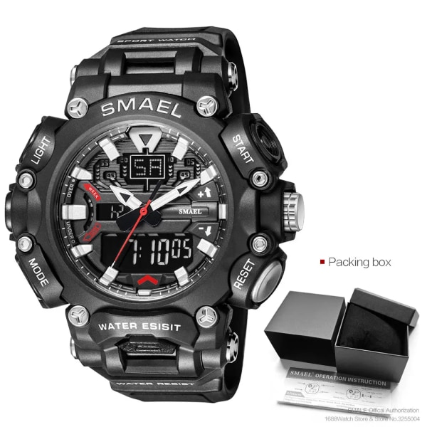 SMAEL Dual Time LED Digital watch för män 50 m vattentät kronograf kvartsklockor Orange Militär Sport Elektroniskt armbandsur Black Silver-Box