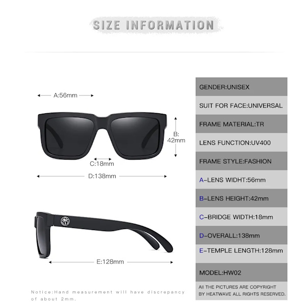NYHET Högkvalitativt lyxigt Heat Wave-märke Polariserade solglasögon fyrkantiga Sammanfogade lins Dam män solglasögon UV400 HW02 C7 only glasses