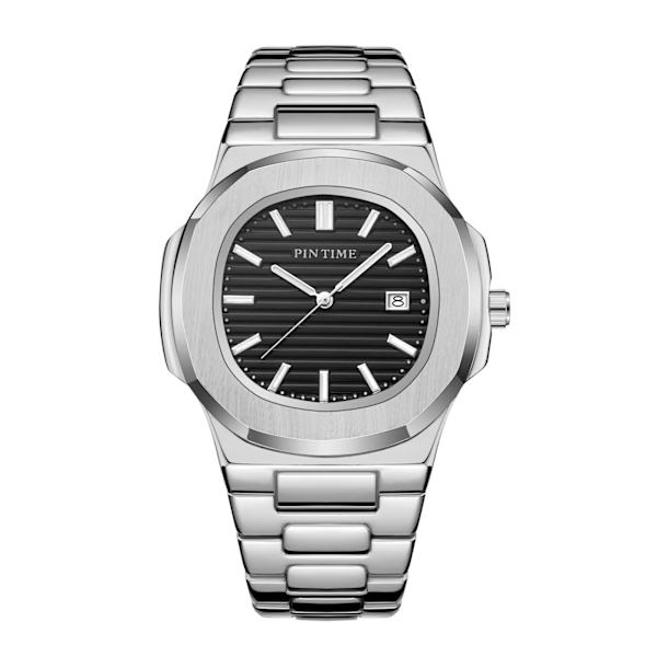 PINTIME Nytt mode för män Casual PP watch Frostat case Quartz Urtavla Klockor Lyxdesign Män Sport Armbandsur Present med låda silver with black