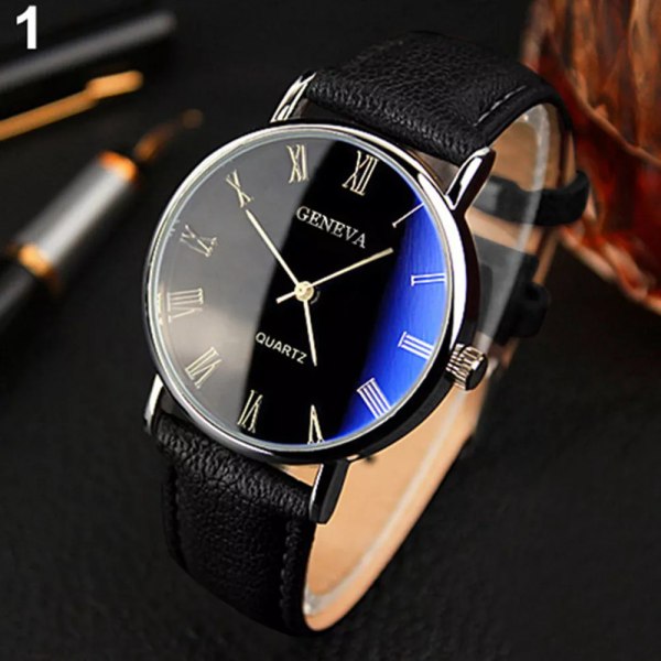 Män Watch romerska siffror Blu-Ray Faux Läder Band Quartz Analog Business Armbandsur Black-Black