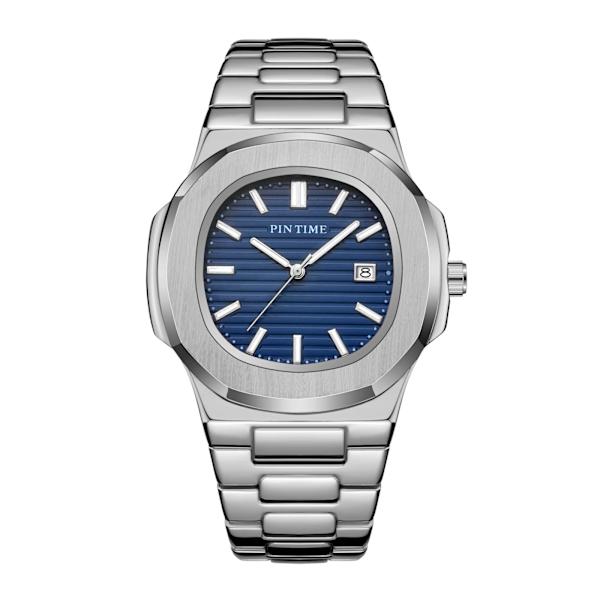 PINTIME Nytt mode för män Casual PP watch Frostat case Quartz Urtavla Klockor Lyxdesign Män Sport Armbandsur Present med låda silver wth blue