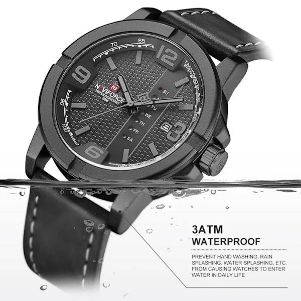NAVIFORCE Herr Casual Läder 30m Vattentäta klockor Militärsport Man Armbandsur Quartz Kalender Man Klocka Relogio Masculino BGYB-BOX