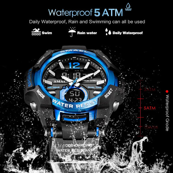SMAEL Dual Time Army Watch för män Lysande Vattentät Quart Digital Armbandsur Väckarklocka LED Bakgrundsbelysning Kalender 1805 Black Silver-Box