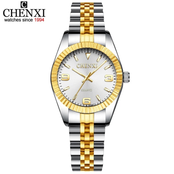 CHENXI Luxury Style Watch i rostfritt stål Kvartsklockor Vattentät Diamant Kvinna Armbandsur Mode Elegant Damklocka 004C Silver White