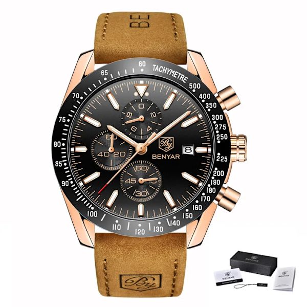 BENYAR Märklockor Märke Lyx Silikonrem Vattentät Sport Kvarts Kronograf Watch Herrklocka Relogio Masculino L Brown Gold Black B