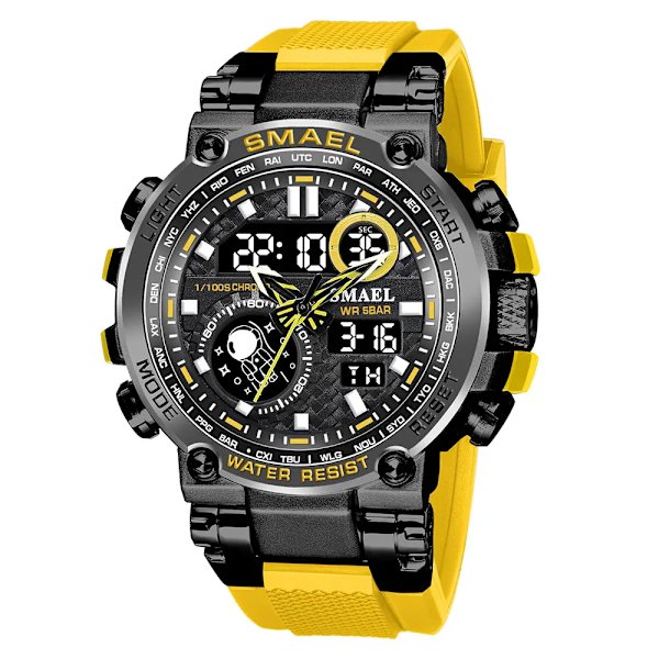 SMAEL Light Blue Sport Digital Watch för män Vattentät Dual Time Display Chronograph Quarz Armbandsur med Auto Date Week 1803B Yellow