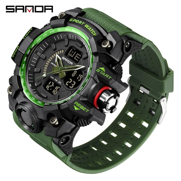 SANDA Mode Herrklockor LED Sport Vattentäta Klockor Herr Topp Lyxmärke Digital Man Quartz Watch Relogio Masculino 3132 black green