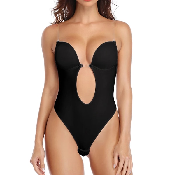 Rygglös Djup V-ringad U-doppning String Waist Trainer Klart band Vadderat Push Up Shapewear Invisible Shaper BH Sexig Bodysuit Korsett White M