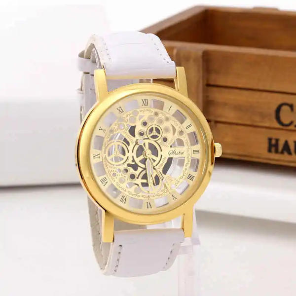 2020 Herrklockor Mode Transparent Hollow Klockor Läderband Quartz Armbandsur Kampanjpris Reloj Hombre gold black2