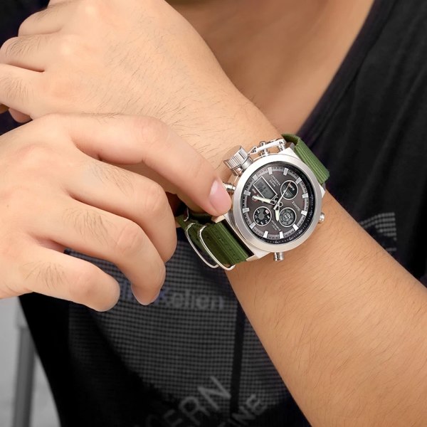 GOLDENHOUR Top Lyx Märke Utomhus Sport Watch Herr Army Canvas Klockor Auto Date Display Quartz Armbandsur Relogio Masculino Black With Box