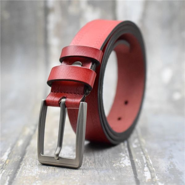 Äkta läderbälte Dam/män Svart/blått/grönt/kaffe Nål Spänne Designerbälte 3,3 cm Bredd hona/man midjebälte 90-130 cm Red 115CM