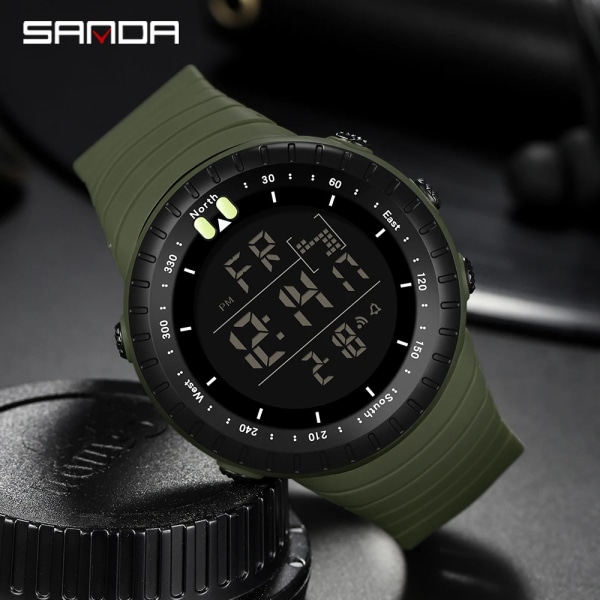 SANDA Brand Herr Kronograf Watch Mode Man LED Digital Vattentät Klocka Militär Armbandsur relogio masculino Black