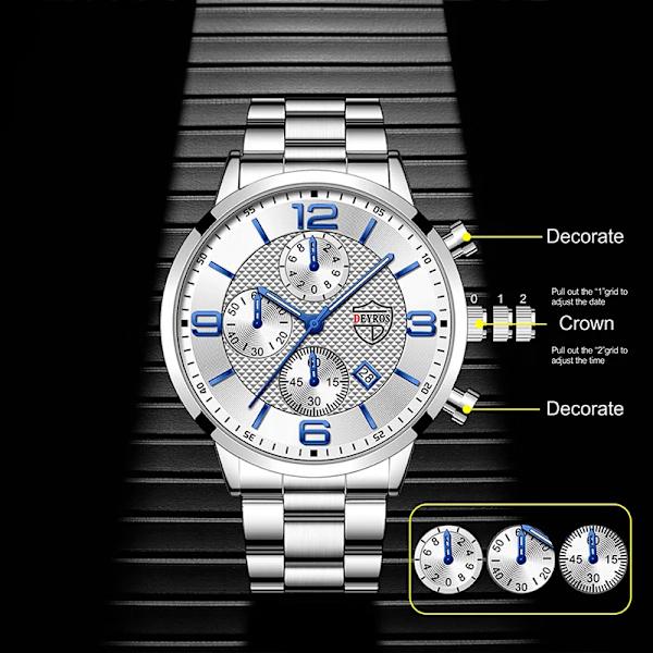 Lyx Herr Klockor i rostfritt stål Mode Herr Affär Läder Watch Man Kalender Datum Lysande klocka relogio masculino Leather Black Silver
