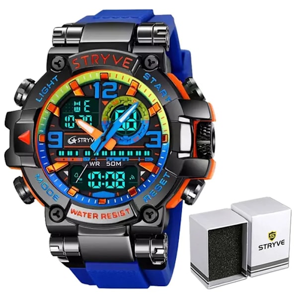 Ny STRYVE- watch för män Digital-Analog Dual Movement Calendar Week Vattentäta klockor Mode Sport Herrarmbandsur 8025 Blue