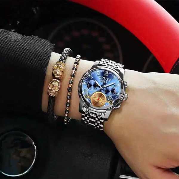 Automatisk rörelse Lysande Sport Vattentät Watch rund Pointer Glas Calendar Business Watch Herr silver strap blue