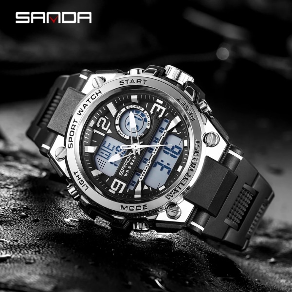 SANDA G Style Herr Digital watch Militär sportklockor Dubbel Display Vattentät Elektronisk Armbandsur Relogio Masculino 6024 Silver