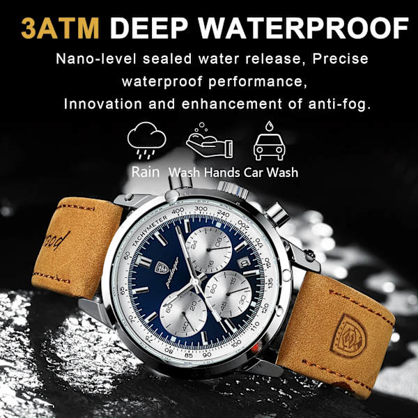 POEDAGAR Lyx Watch Högkvalitativ vattentät kronograf Lysande Herrarmbandsur Läder Herr Kvartsklockor Casual Silver Blue