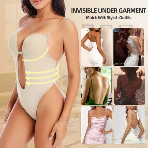 Body Shapewear Deep V Full Body Shaper Backless String Klänning Sömlösa underkläder Vadderad BH Push Up Korsett Waist trainer sexy apricot XXXL (42)