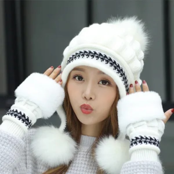 Varm Skidkeps med Pompom + Vantar Set för Kvinnor Vinter Beanie Hatt Tjock Skullies Kvinnlig Keps white Only glove
