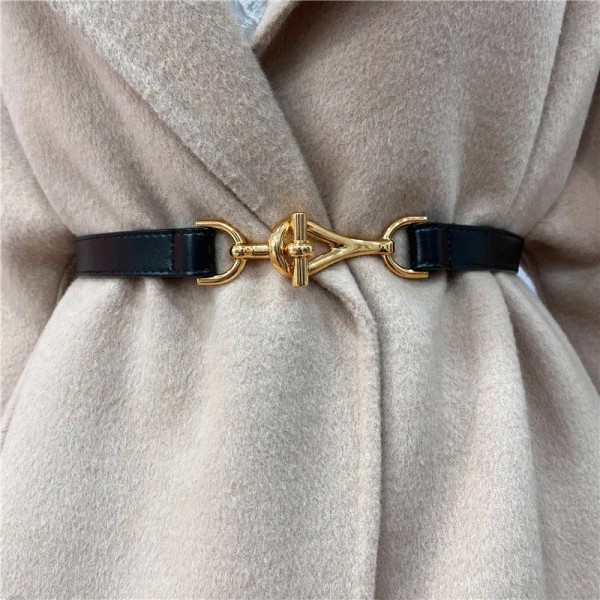 Nytt läder tunt bälte för kvinnor metall häng spänne midjerem Lyx märke designer kvinnlig klänning byxa dekoration midjeband Gold 95cm