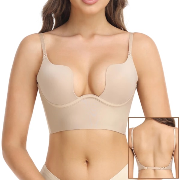 Kvinnors sexiga djupa U-hals BH Shaper Rygglös Push Up Bröst Underkläder BH Lågskurna Plunge Bröllopsunderkläder Korsett Beige XL