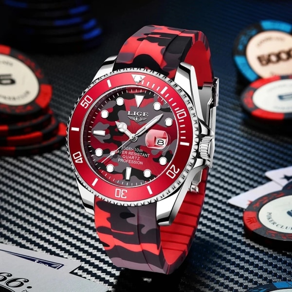 LIGE New Fashion Herrklockor Toppmärke Lyx Kamouflage Quartz Watch Man Sport Röd Watch för män Reloj Hombre Black