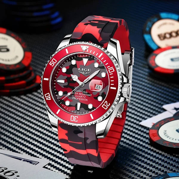 LIGE New Fashion Herrklockor Toppmärke Lyx Kamouflage Quartz Watch Man Sport Röd Watch för män Reloj Hombre Red